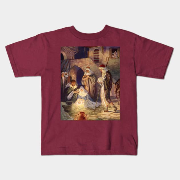 Vintage Christmas Nativity Scene Kids T-Shirt by MasterpieceCafe